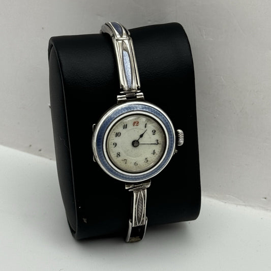 Pin Set Vintage Blue Enamel Sterling Silver 925 Ladies Trench Watch TO RESTORE