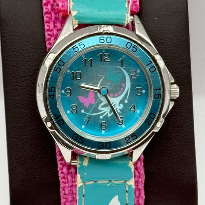 Kids Quartz Watch Blue Butterfly Design Hook & Loop Strap Working 33mm