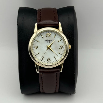 Infinite Ladies Quartz Watch Mother of Pearl Dial Brown Strap Japan Working 31mm