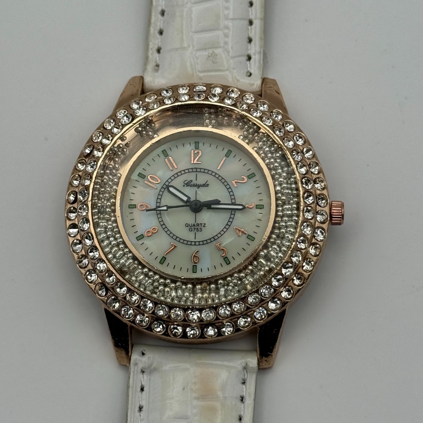 Gerryda Ladies Quartz Watch Rose Gold Crystal Accents White Strap Working 43mm
