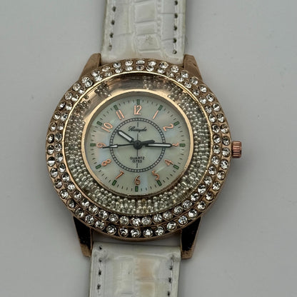 Gerryda Ladies Quartz Watch Rose Gold Crystal Accents White Strap Working 43mm
