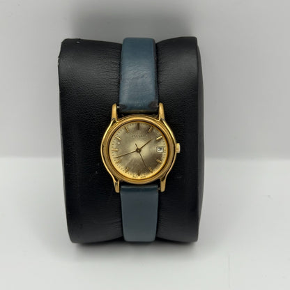 Pulsar Ladies Quartz Watch Date Dial Gold Tone Blue Leather Strap Working 24mm
