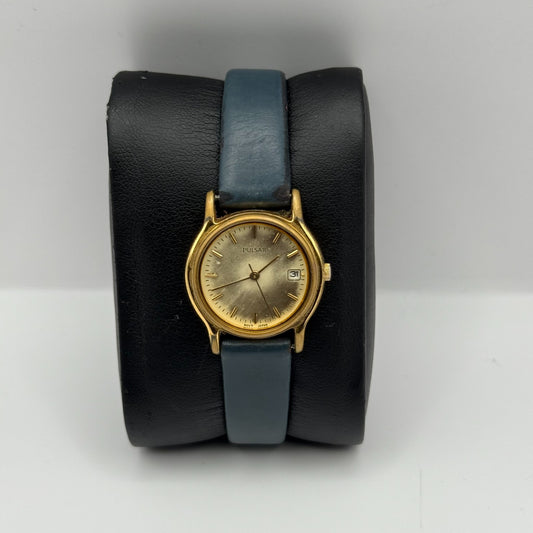 Pulsar Ladies Quartz Watch Date Dial Gold Tone Blue Leather Strap Working 24mm
