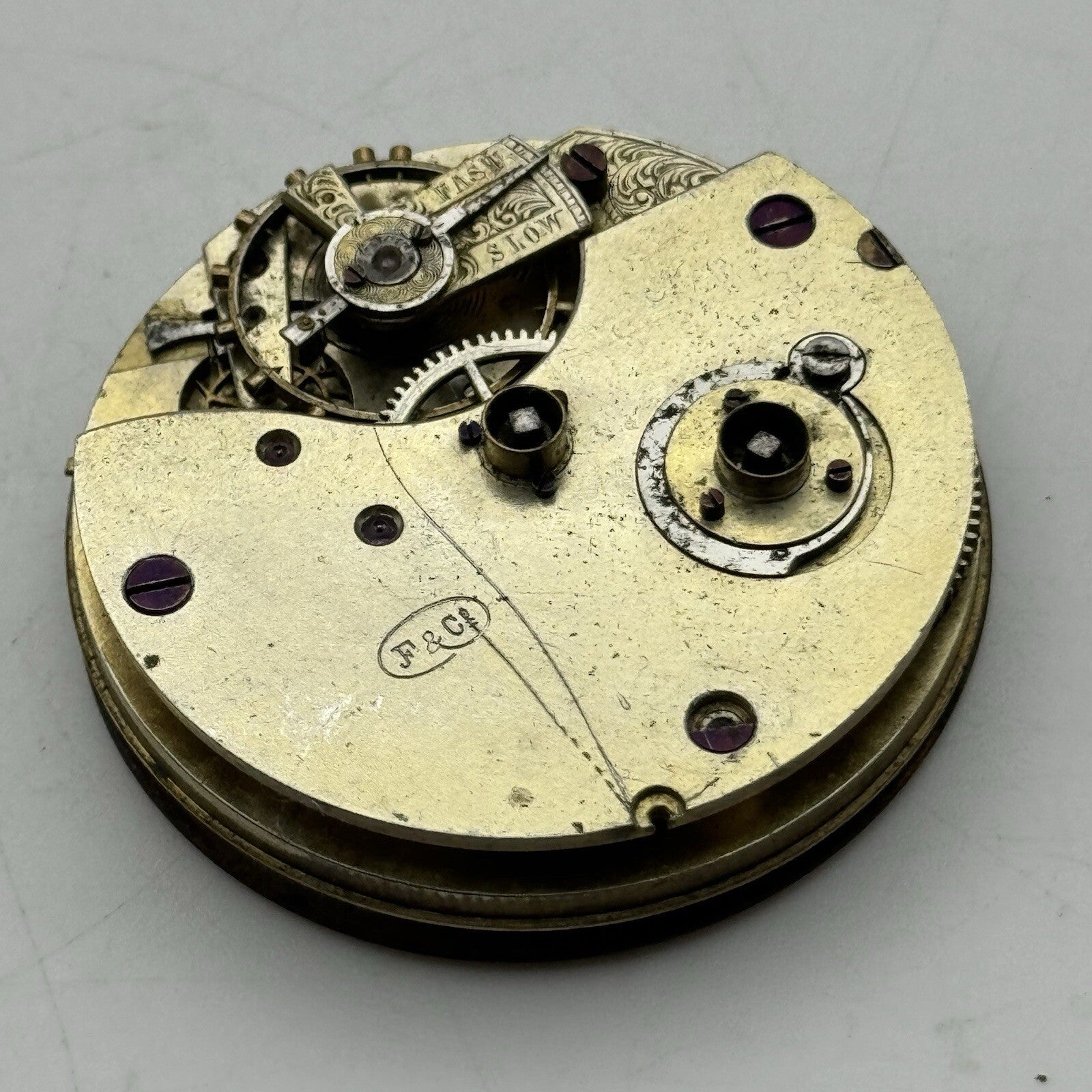 40.8mm Unidentified F & Co Porcelain Dial Pocket Watch Movement FOR PARTS