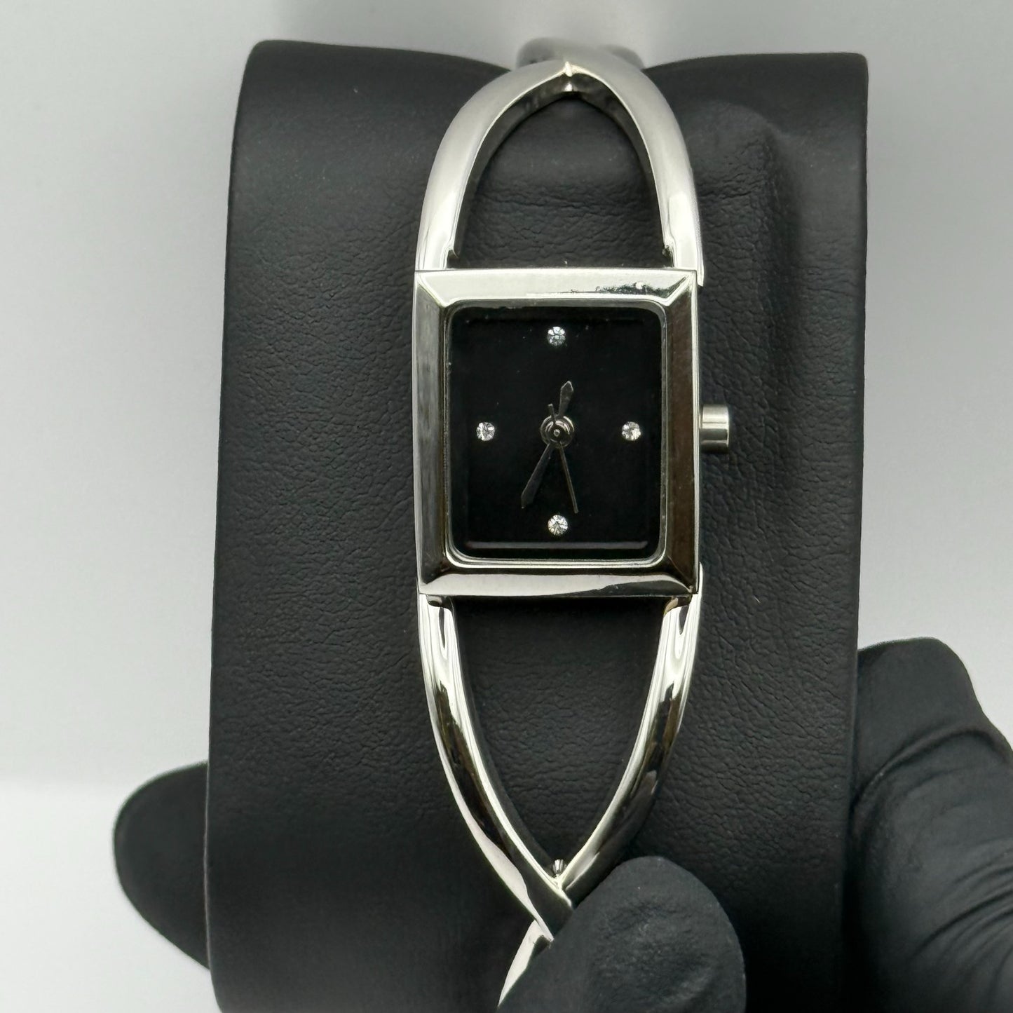 Avon Ladies Quartz Watch Black Square Dial Silver Tone Bracelet Working 19mm