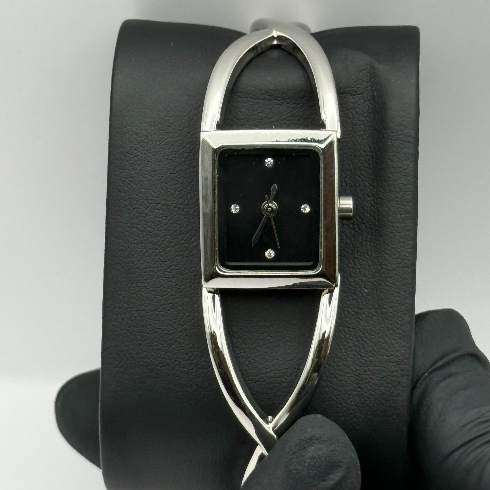 Avon Ladies Quartz Watch Black Square Dial Silver Tone Bracelet Working 19mm