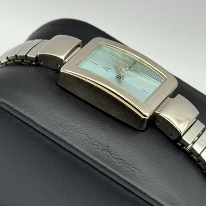 A Ladies Quartz Watch Rectangular Dial Silver Tone Stretch Band Working 19mm