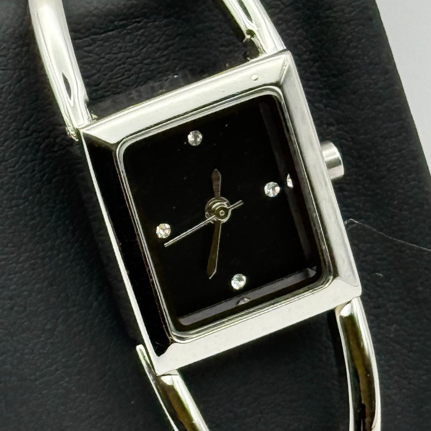 Avon Ladies Quartz Watch Black Square Dial Silver Tone Bracelet Working 19mm