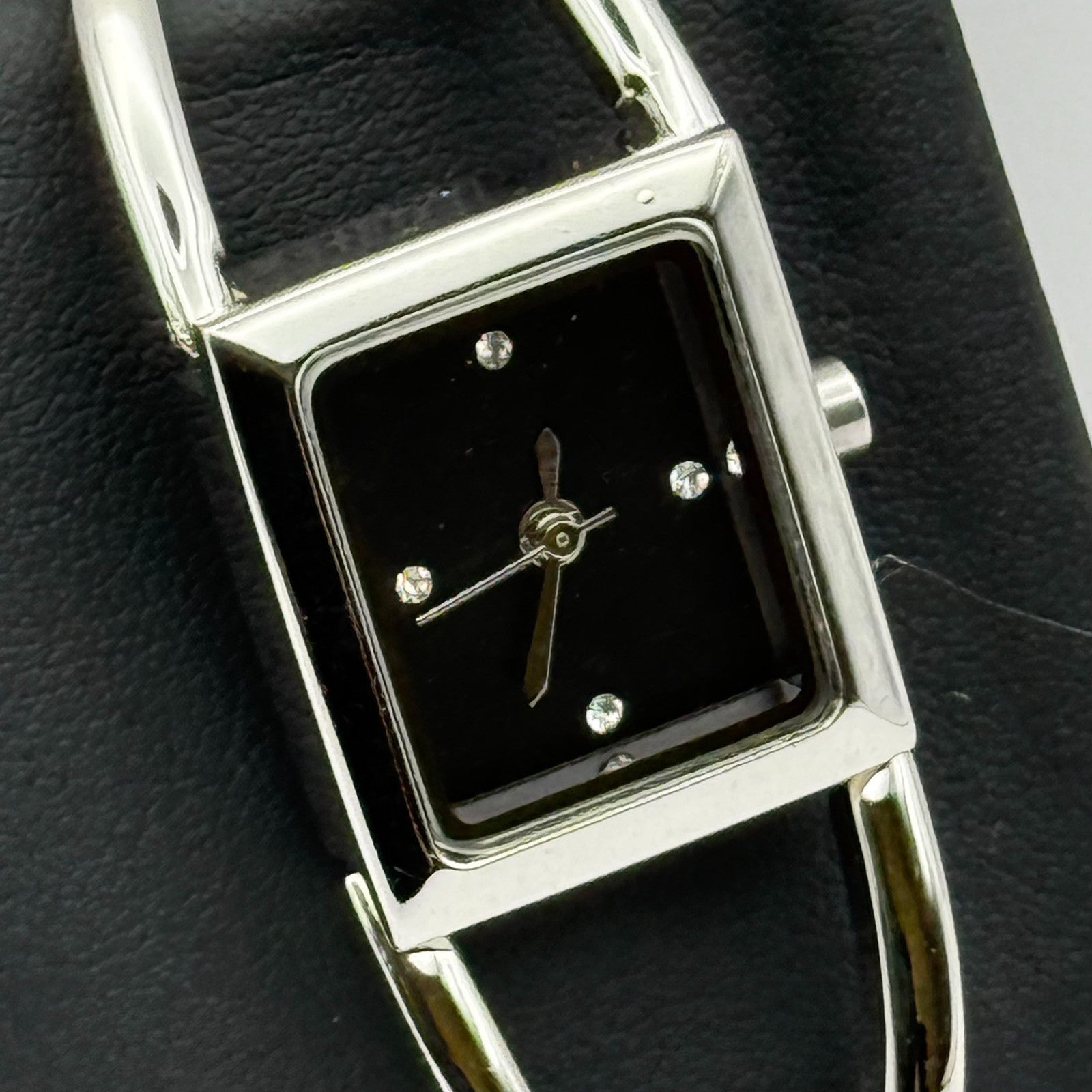 Avon Ladies Quartz Watch Black Square Dial Silver Tone Bracelet Working 19mm