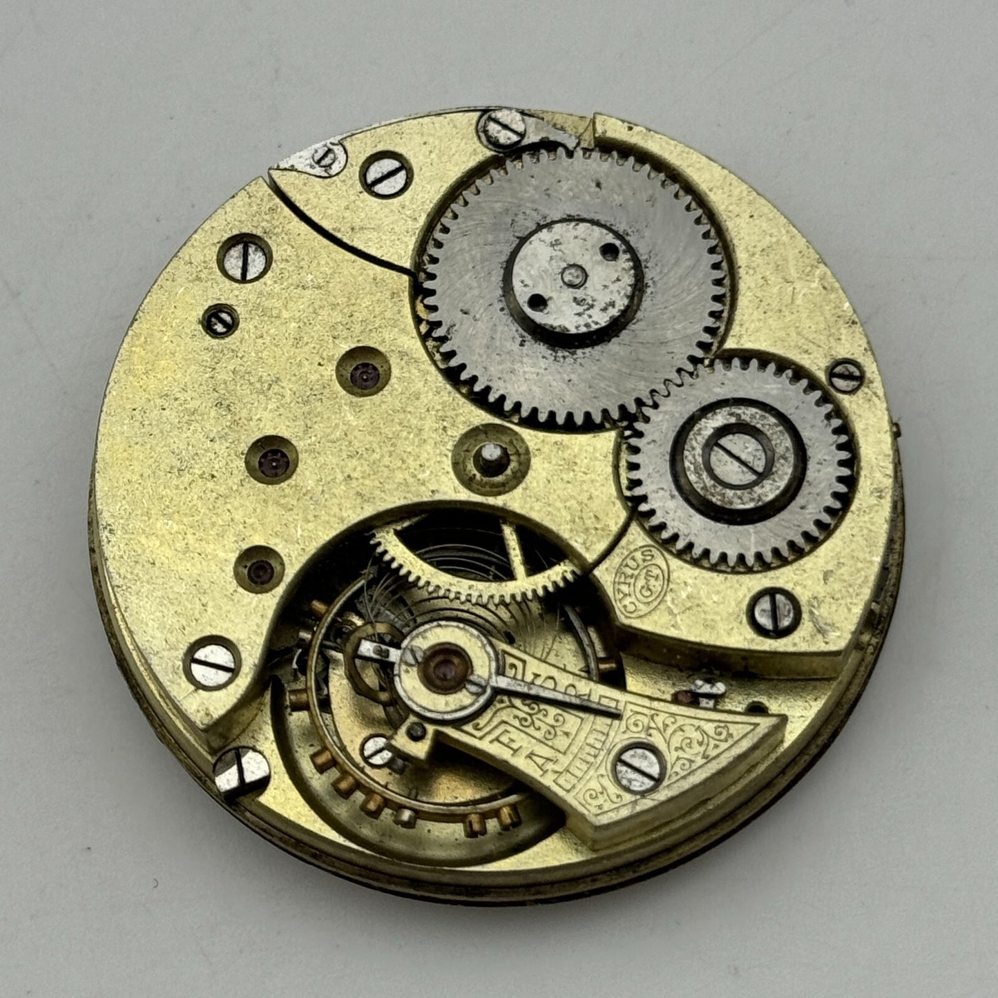 43.1mm Antique Open Face Cyrus GT Pocket Watch Movement PARTS REPAIR