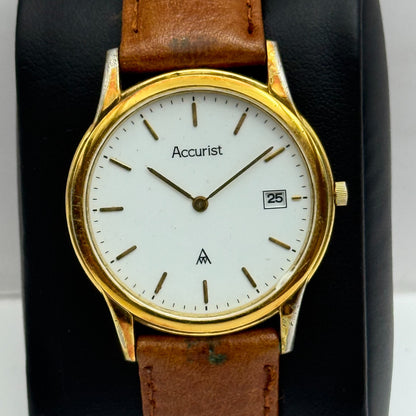 33mm Working Vintage Accurist 404000 Date Dial Leather Quartz Watch New Battery