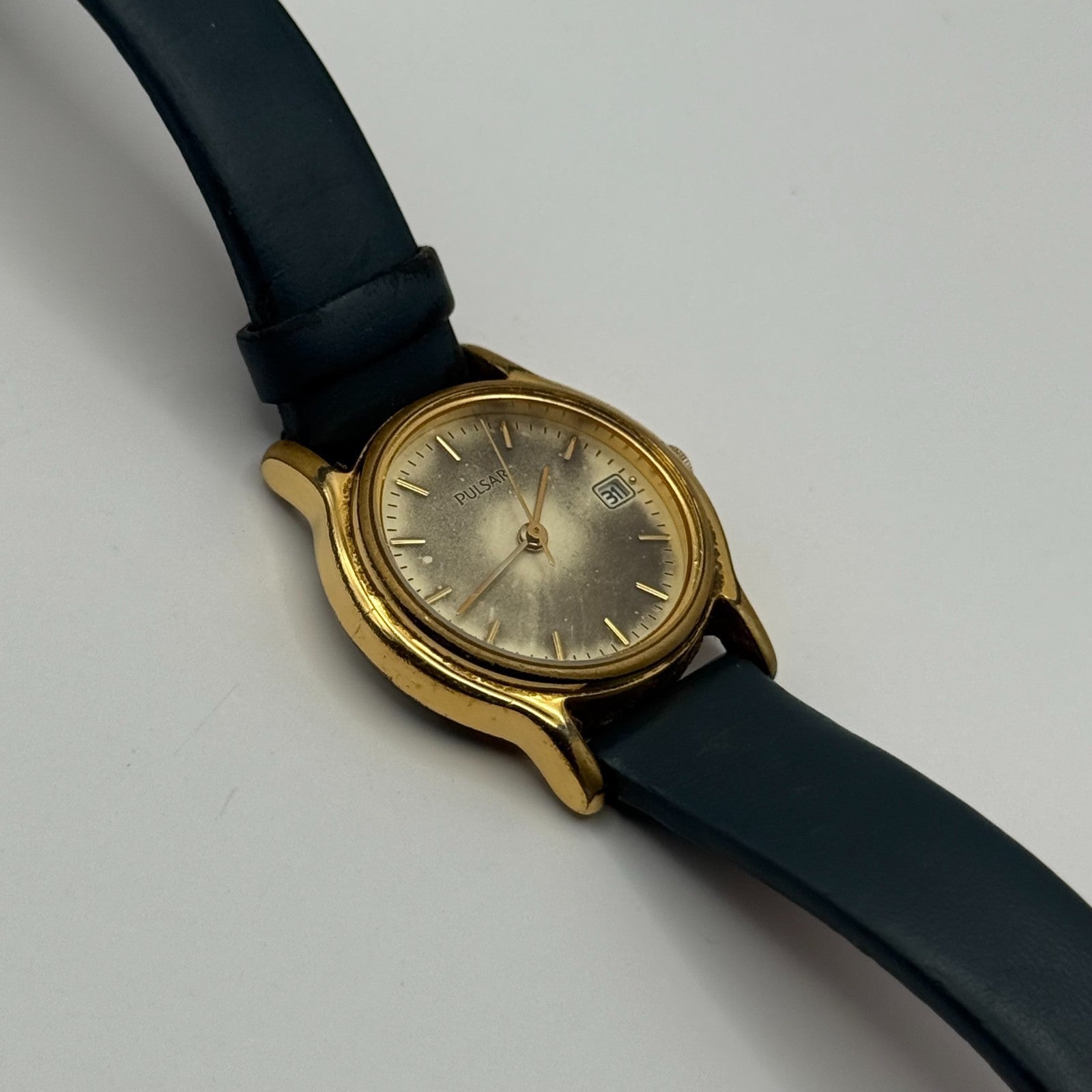 Pulsar Ladies Quartz Watch Date Dial Gold Tone Blue Leather Strap Working 24mm