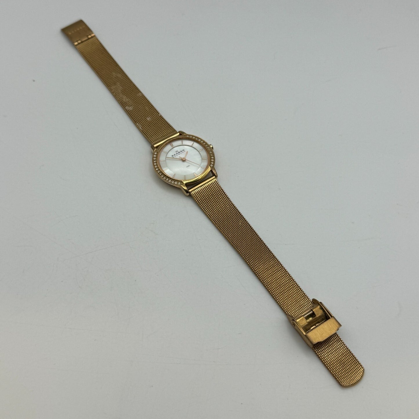 28mm Working Skagen Denmark 804SRR Steel Rose Gold Tone MOP Quartz Watch 8 Inch