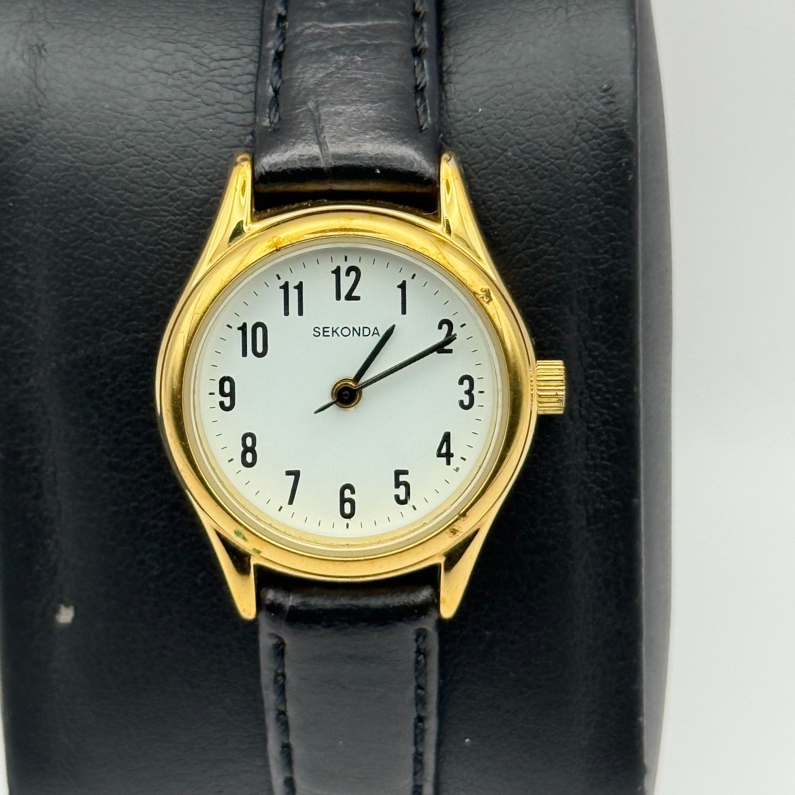 Sekonda Ladies Quartz Watch Gold Tone White Dial Leather Strap Working 25mm