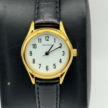 Sekonda Ladies Quartz Watch Gold Tone White Dial Leather Strap Working 25mm