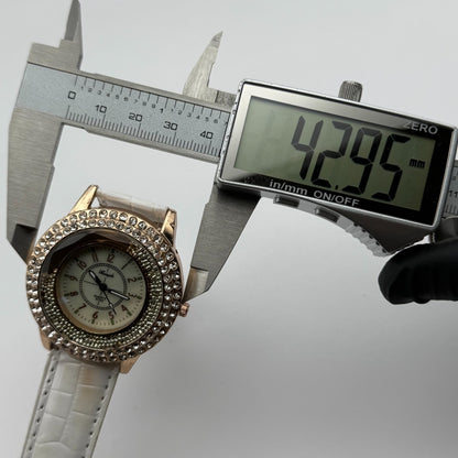 Gerryda Ladies Quartz Watch Rose Gold Crystal Accents White Strap Working 43mm