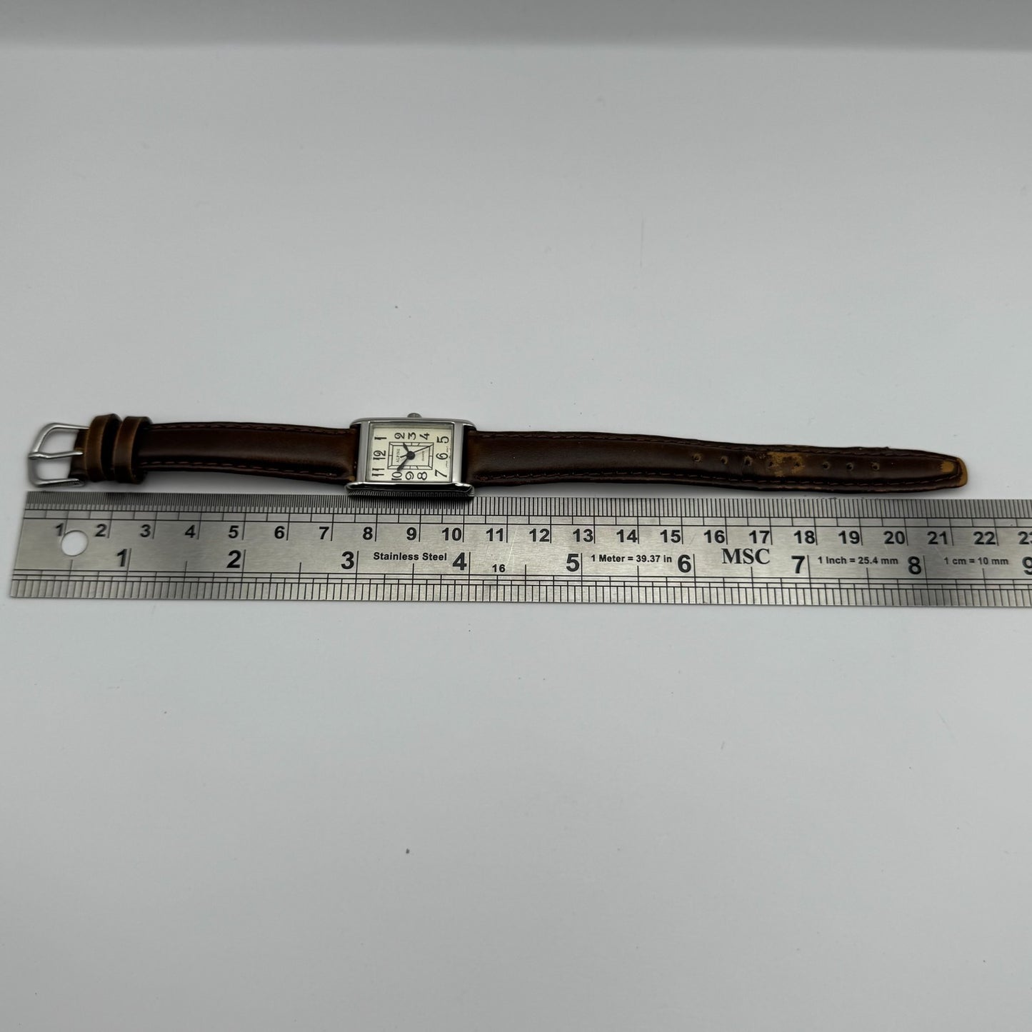 Alpine Ladies Quartz Watch Rectangle Dial Brown Leather Strap Japan Working 18mm