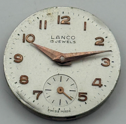 Lanco 1022 Watch Movement Manual Wind Vintage Swiss 15 Jewels Parts 23.5mm