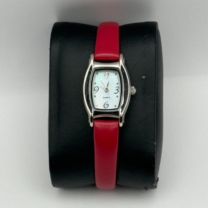 Avon Ladies Quartz Watch Mother of Pearl Dial Red Leather Strap Working 20mm