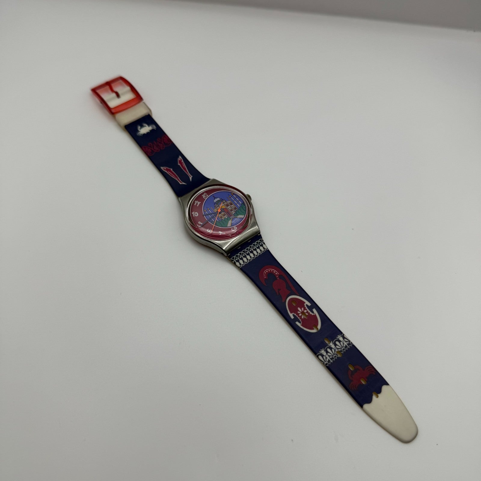 1992 Swatch Taj Mahal India Delhi Blue Strap Quartz Watch Swiss + Box 34mm