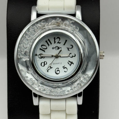 Ladies Fashion Quartz Watch Rhinestone Silver Tone White Strap Working 39mm