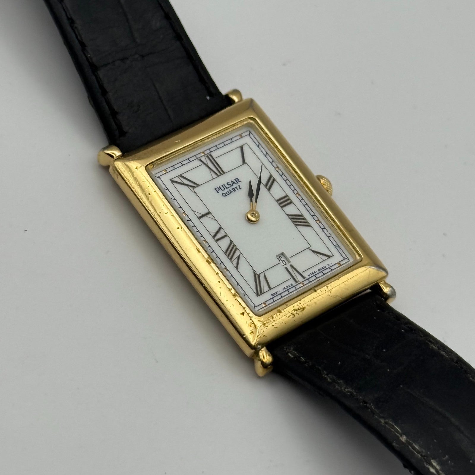 Pulsar Tank Watch Quartz Rectangular Date Dial Black Strap Japan Working 23mm