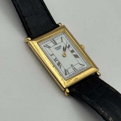 Pulsar Tank Watch Quartz Rectangular Date Dial Black Strap Japan Working 23mm