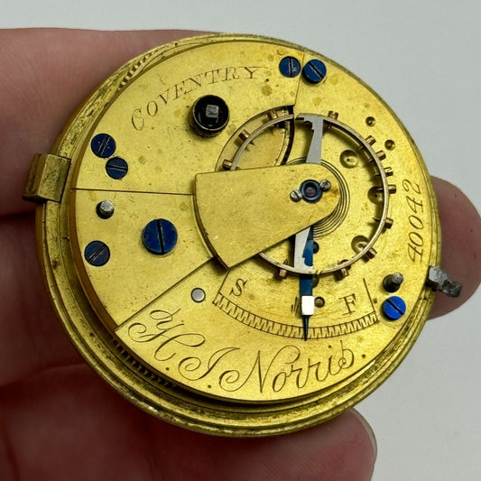 44.6mm Antique H J Norris Coventry Balance Intact Pocket Watch Movement PARTS