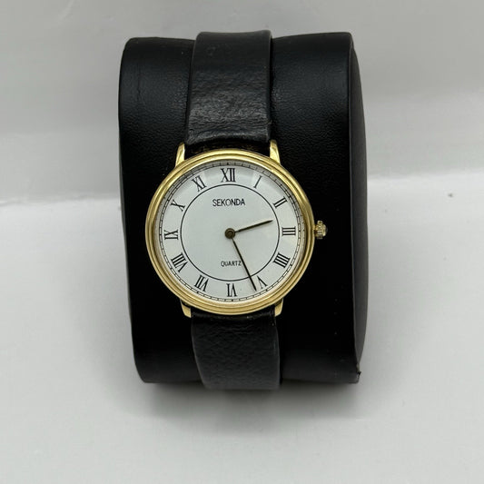 31mm Working Sekonda Quartz Gold Plated Leather Strap Quartz Watch New Battery