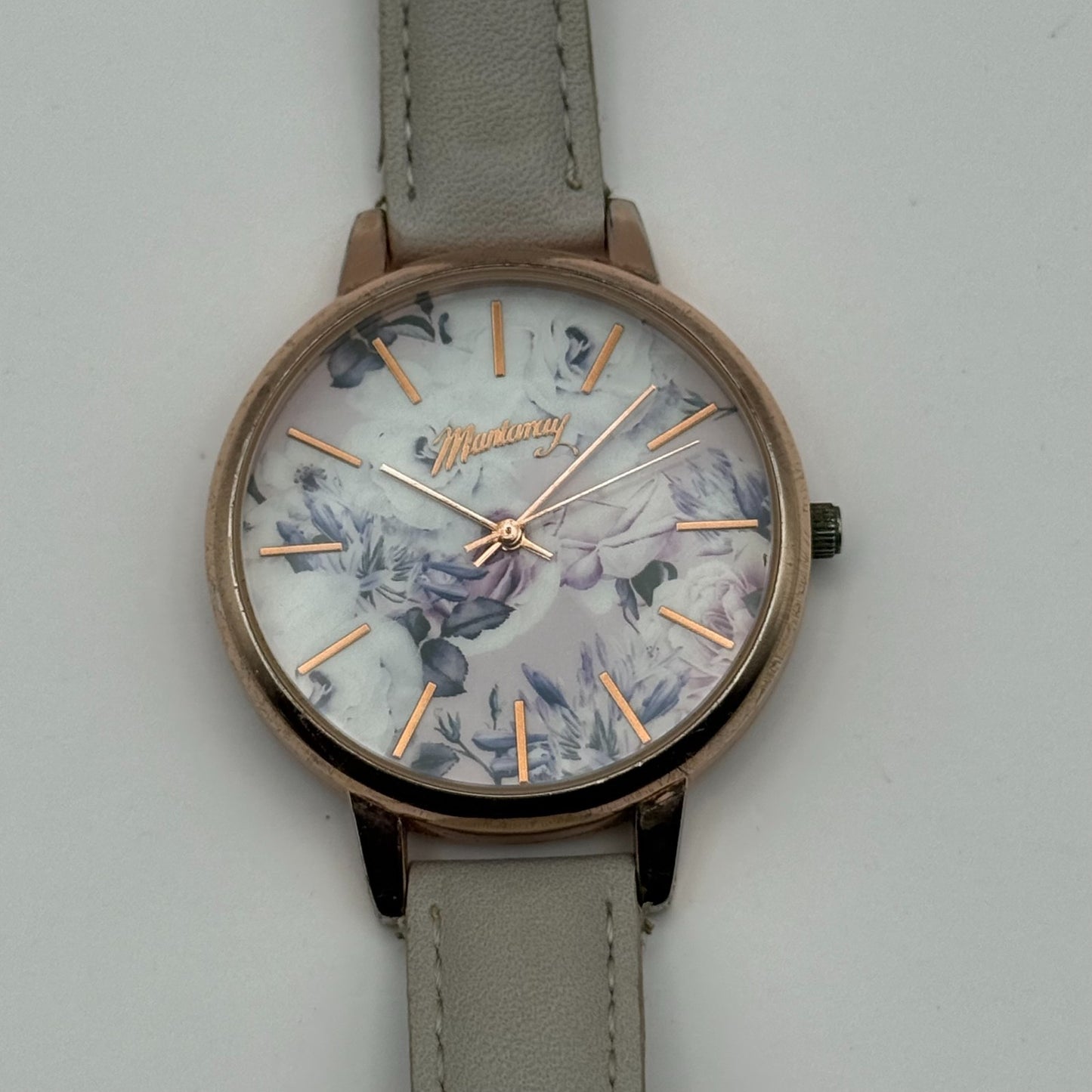 Mantaray Ladies Quartz Watch Floral Design Dial Grey Strap Japan Working 38mm