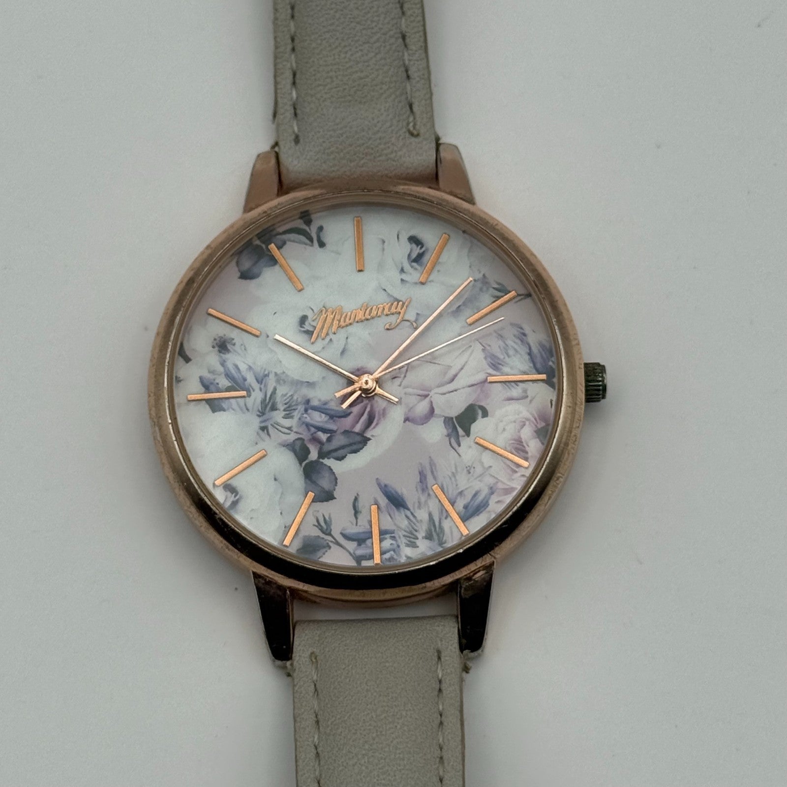 Mantaray Ladies Quartz Watch Floral Design Dial Grey Strap Japan Working 38mm