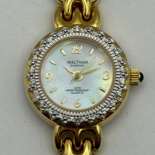 21mm Working Ladies Waltham Diamond Mother Of Pearl Gold Quartz Watch 7.5 Inches