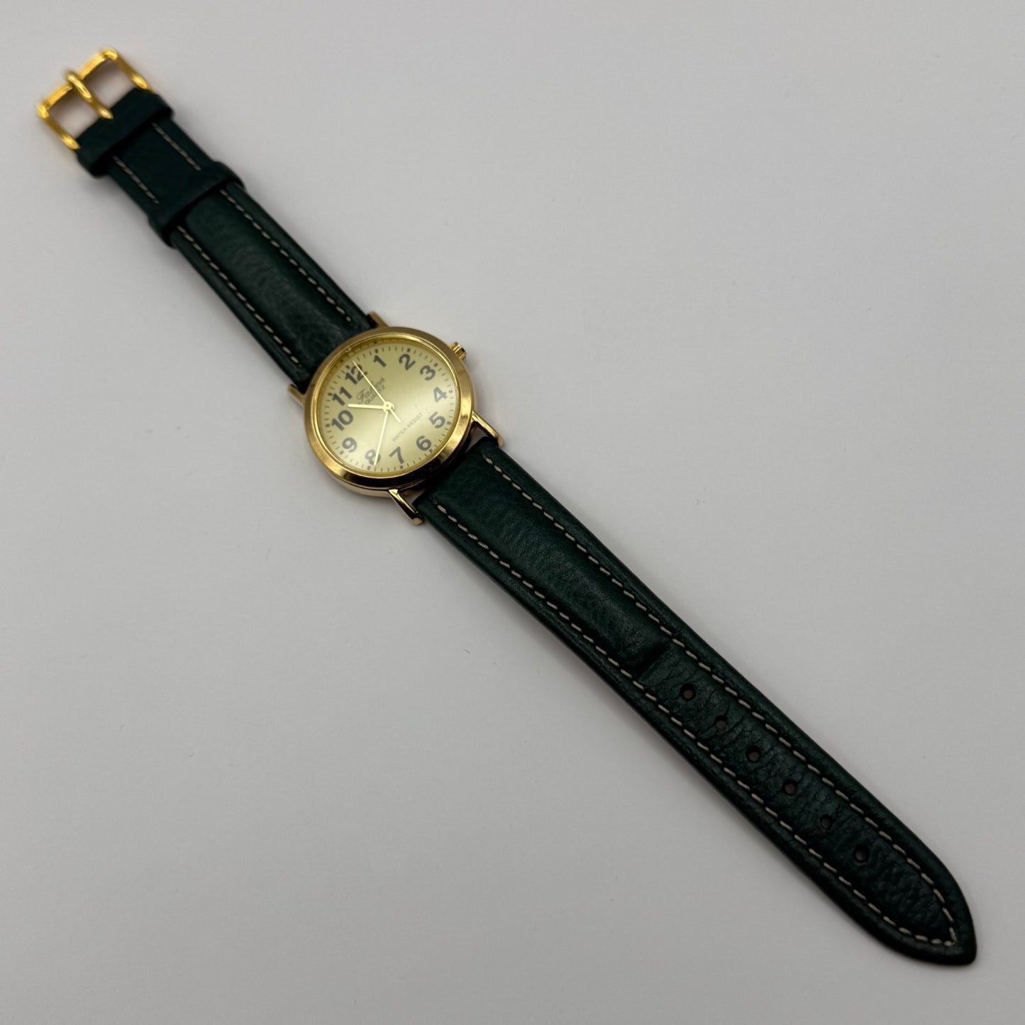 Falcon Ladies Quartz Watch Gold Tone Case Green Leather Strap Working 30mm
