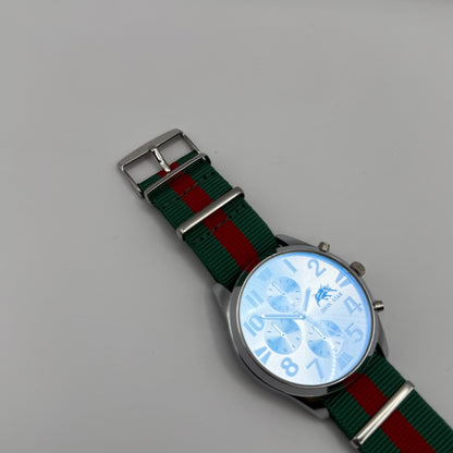 Jhon Star Men’s Quartz Watch Chronograph Gold Dial Green Red Strap Working 45mm