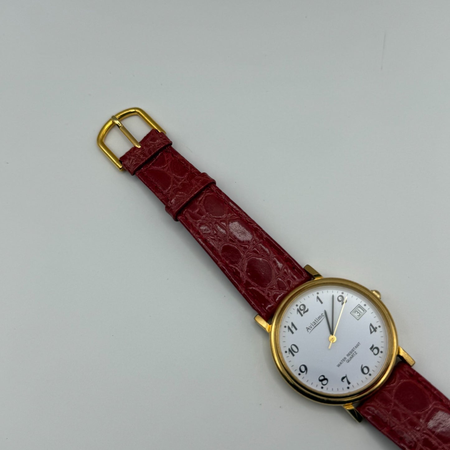 Aviatime Ladies Quartz Watch White Date Dial Red Leather Strap Working 33mm