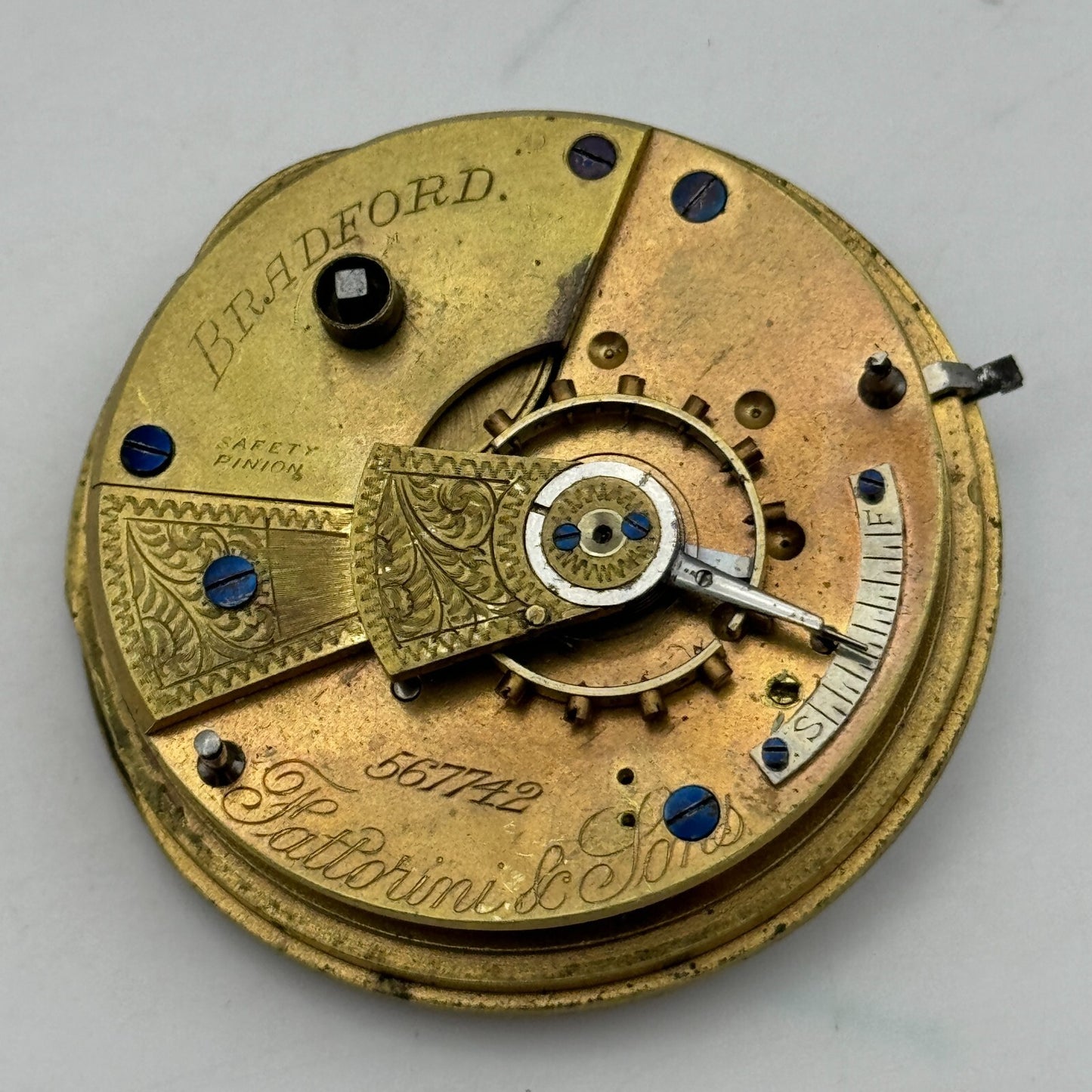 46.5mm Fattoroni & Sons Bradford Chronometer Makers Pocket Watch Movement PARTS