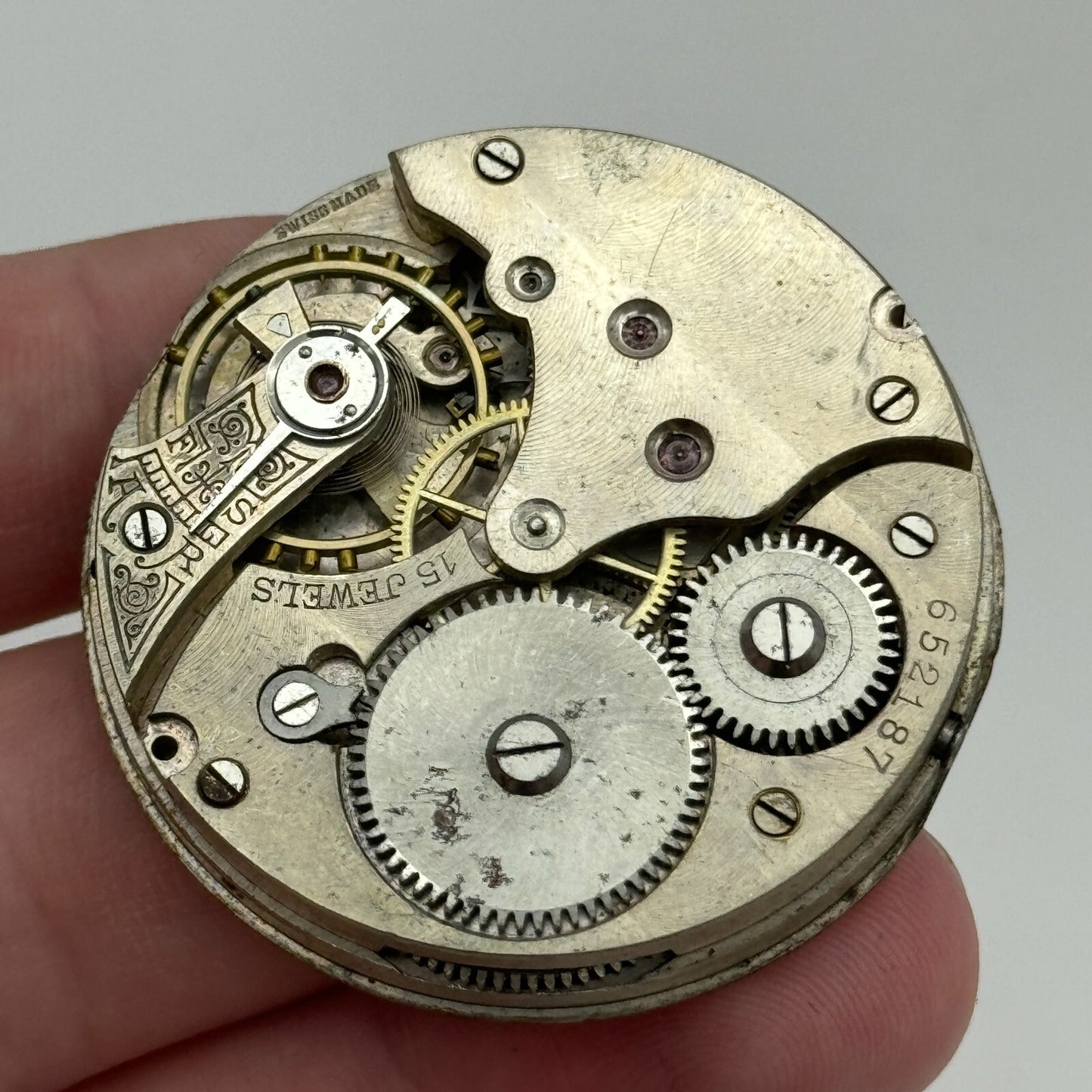 42.9mm Vintage 15 Jewels Swiss Hunter Pocket Watch Movement Dial And Hands PARTS