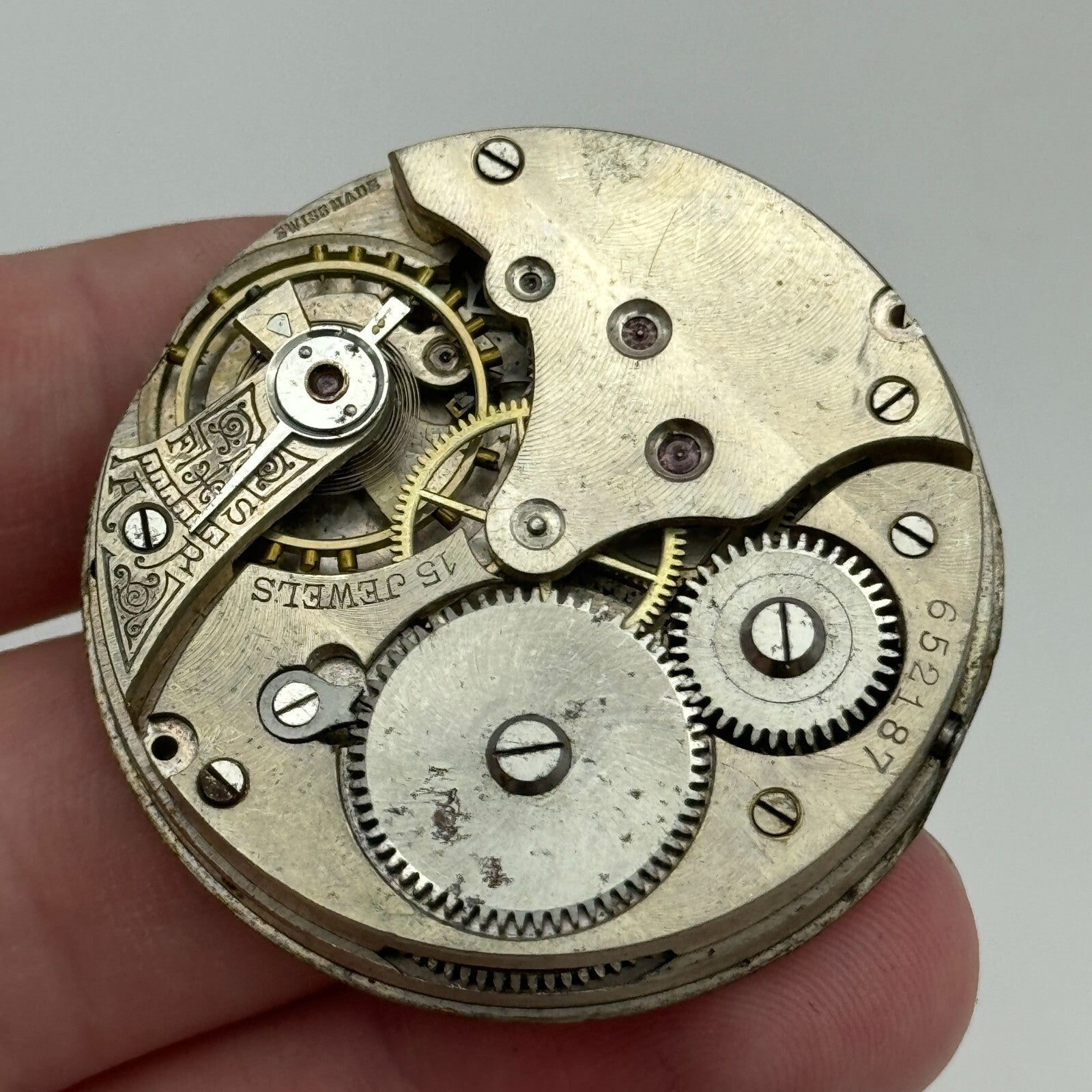 42.9mm Vintage 15 Jewels Swiss Hunter Pocket Watch Movement Dial And Hands PARTS