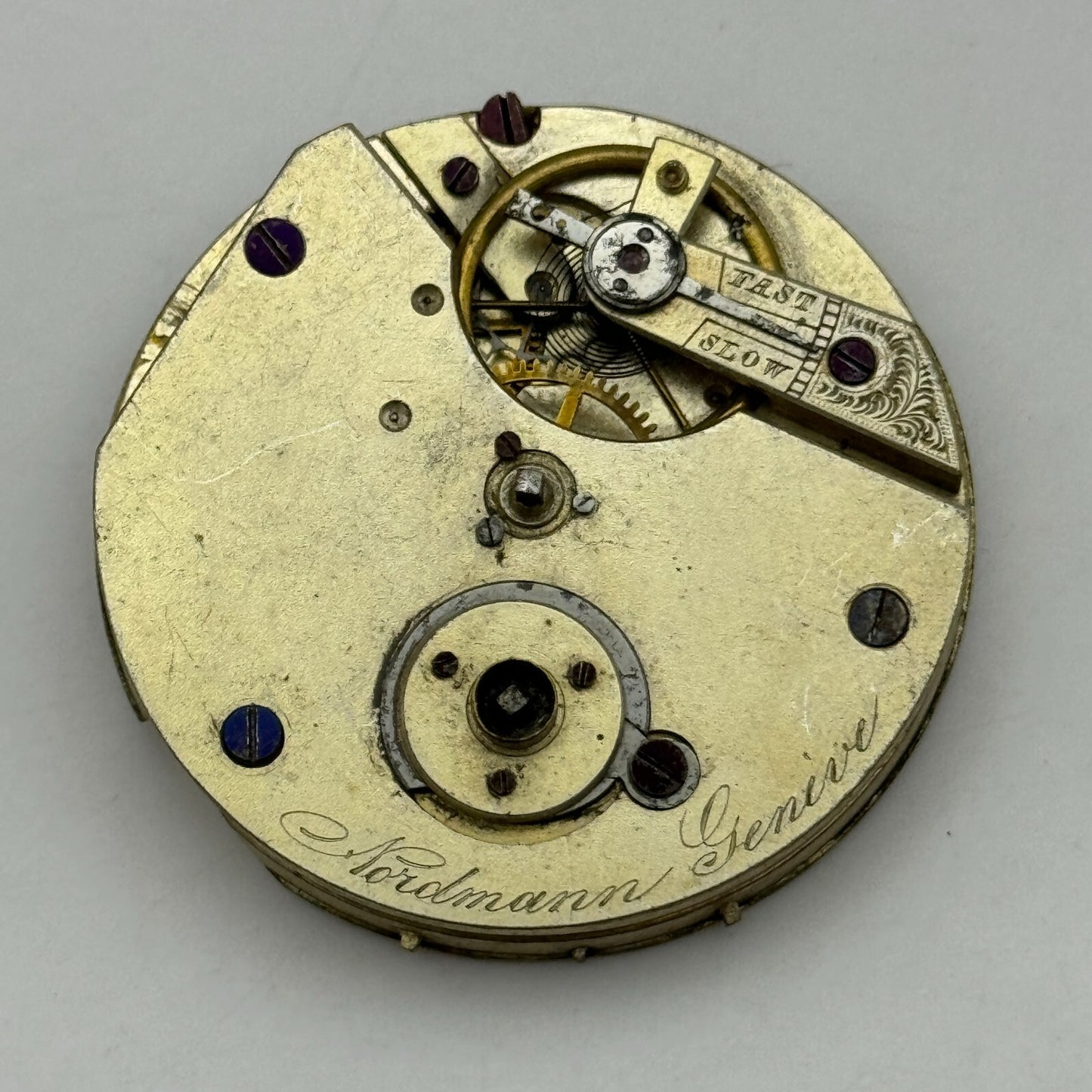 40.7mm Antique Nordmann Geneve Key Wound Pocket Watch Movement PARTS REPAIR