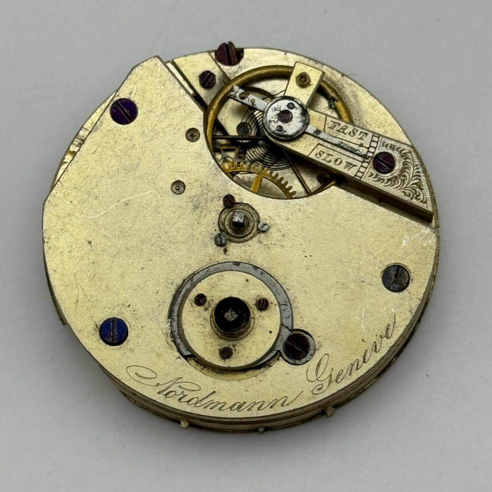 40.7mm Antique Nordmann Geneve Key Wound Pocket Watch Movement PARTS REPAIR