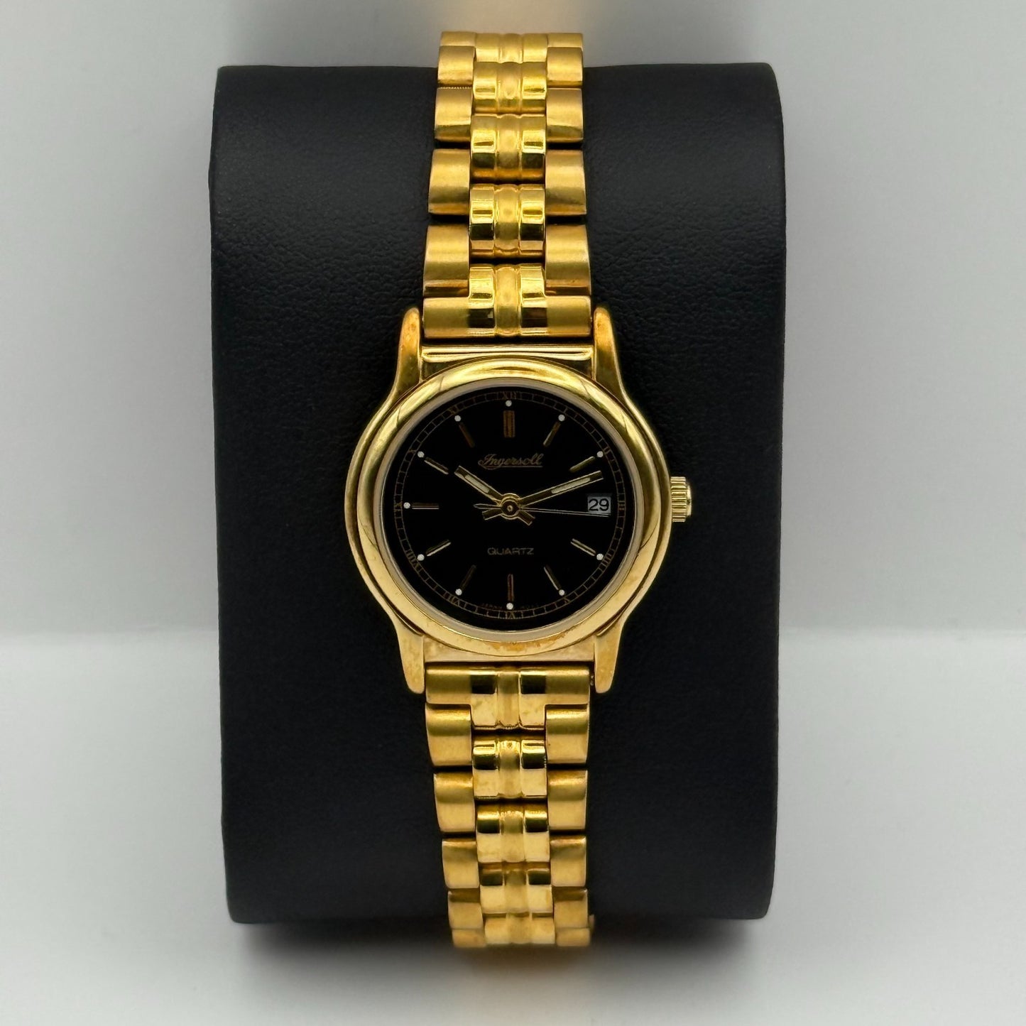 Ingersoll Ladies Quartz Watch Black Date Dial Gold Tone Bracelet Working 25mm
