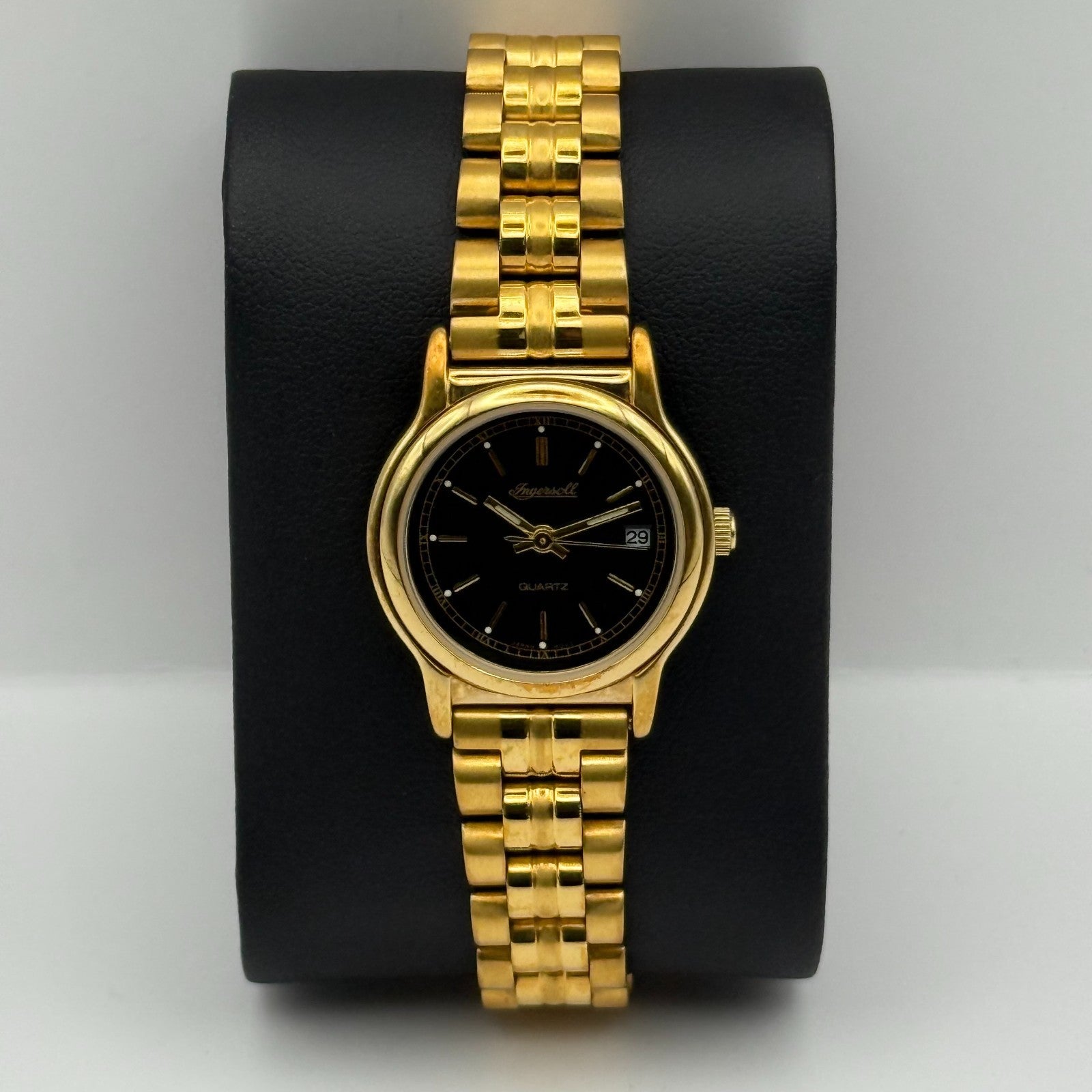 Ingersoll Ladies Quartz Watch Black Date Dial Gold Tone Bracelet Working 25mm