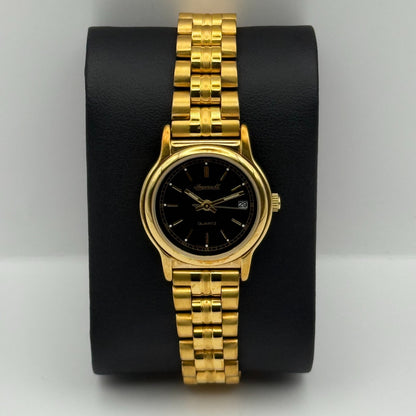 Ingersoll Ladies Quartz Watch Black Date Dial Gold Tone Bracelet Working 25mm
