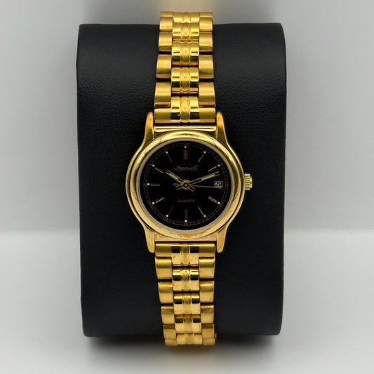 Ingersoll Ladies Quartz Watch Black Date Dial Gold Tone Bracelet Working 25mm