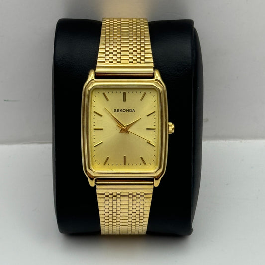 27mm Working Sekonda 03889 Gold Plated Milanese Strap Quartz Tank Watch 8 Inches