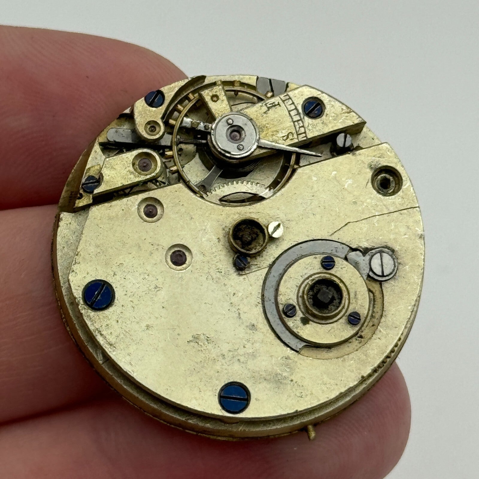 33.7mm Antique Unidentified Key Wound Pocket Watch Movement Dial PARTS REPAIR