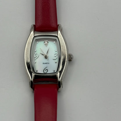 Avon Ladies Quartz Watch Mother of Pearl Dial Red Leather Strap Working 20mm