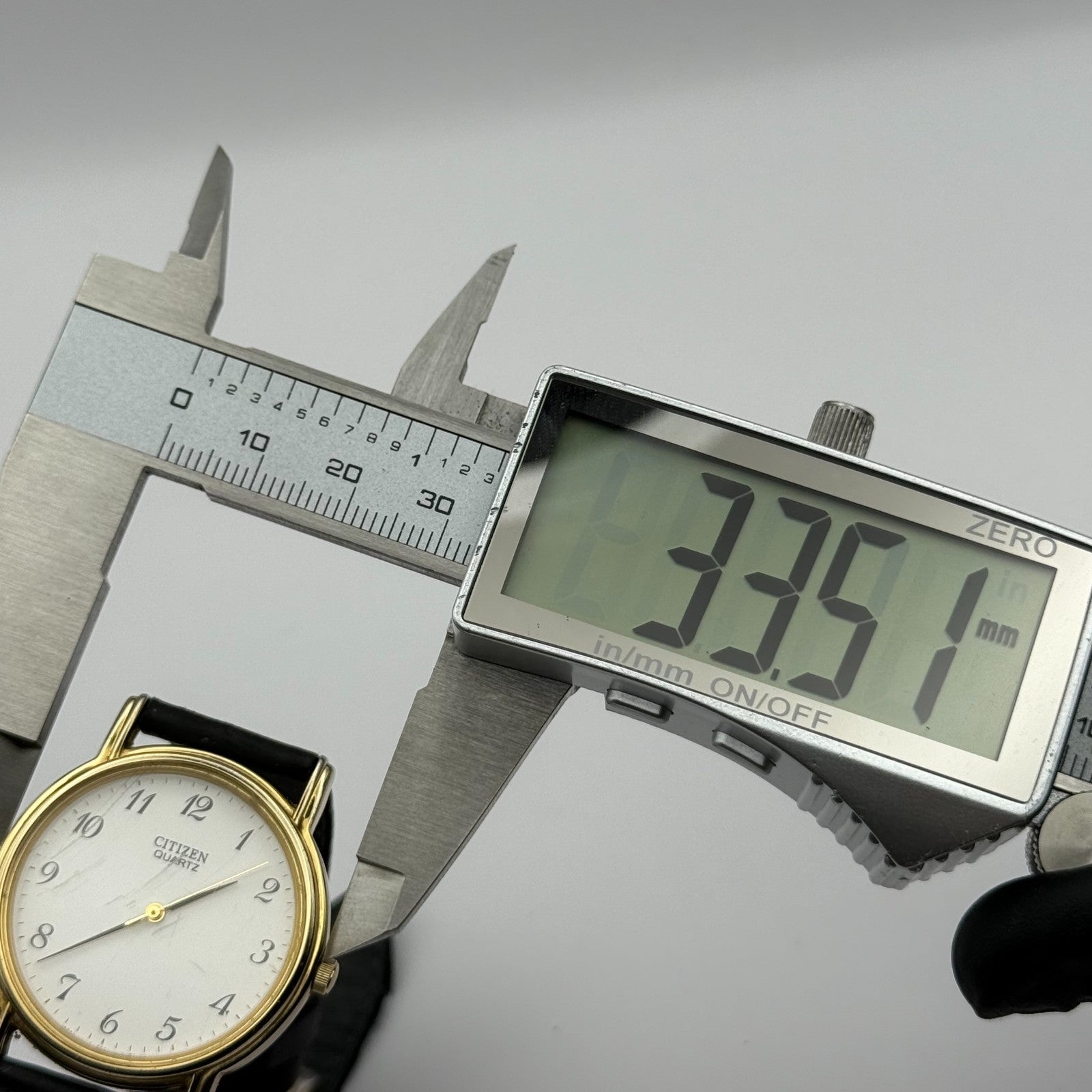 Citizen Ladies Quartz Watch Gold Tone White Dial Black Strap Japan Working 33mm