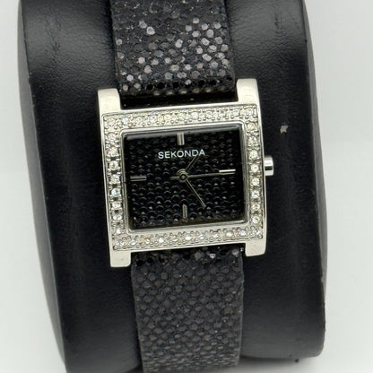 Sekonda Ladies Quartz Watch Black Dial Crystal Accents Bezel Japan Working 25mm