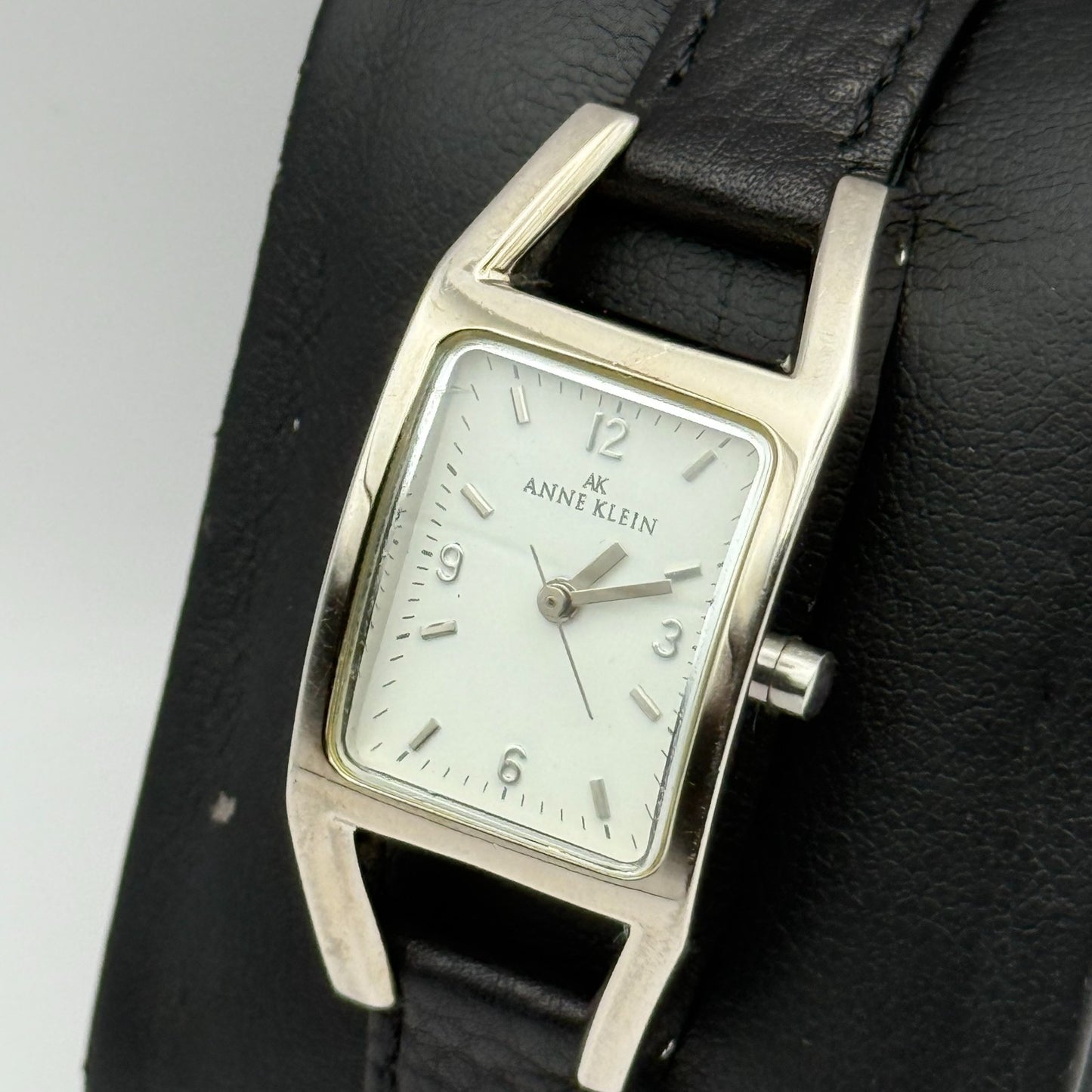 Anne Klein Ladies Quartz Watch White Dial Black Leather Strap Japan Working 18mm